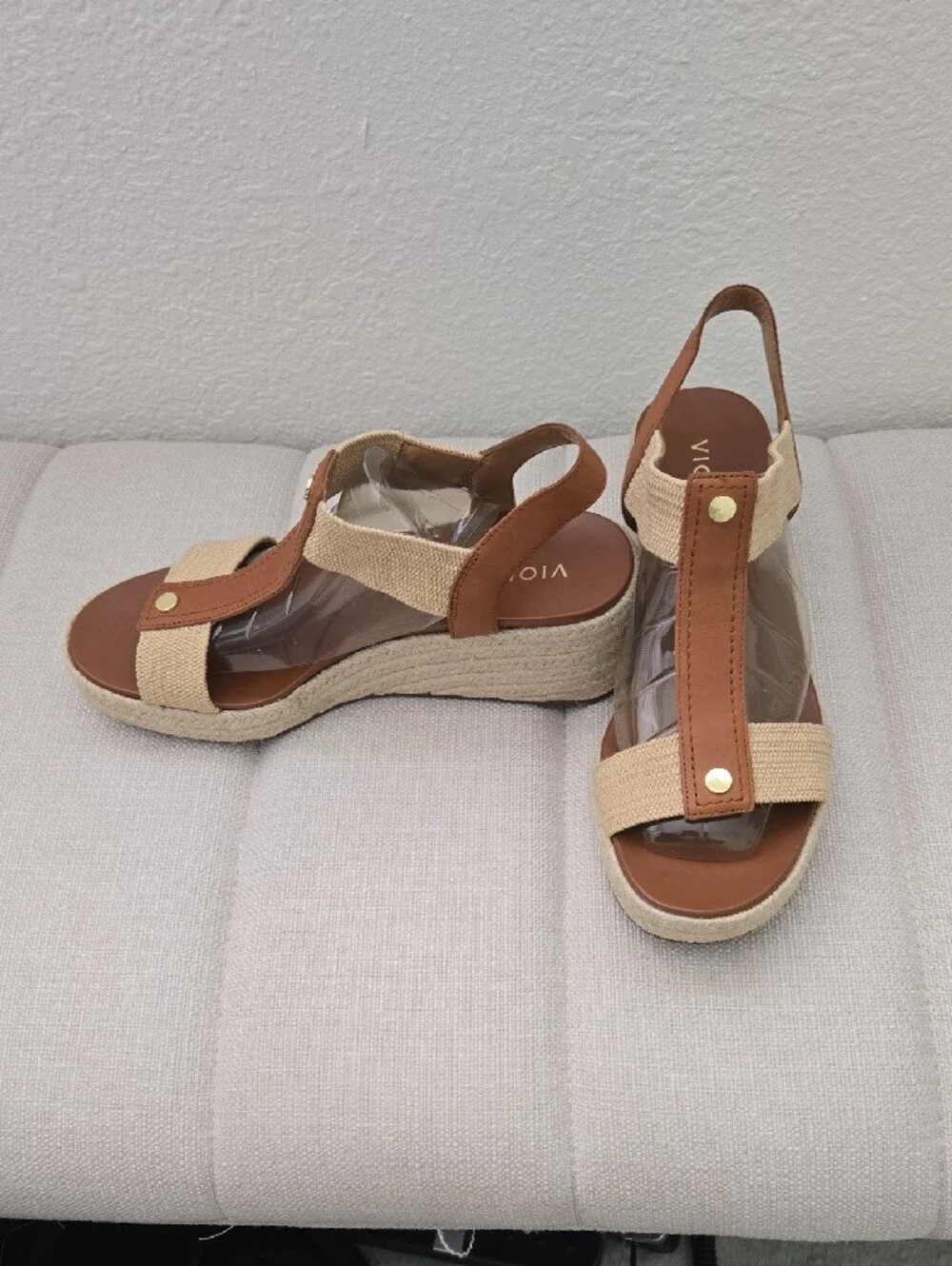 Vionic Brown & Beige T-Strap Slingback Wedge Sandals